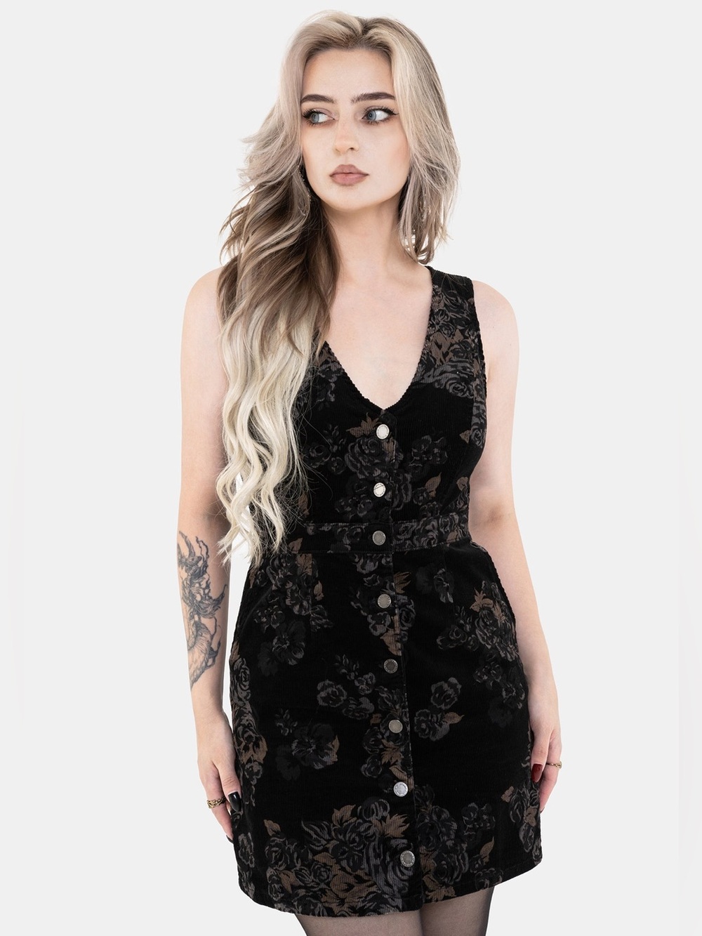 Disturbia Fleur Corduroy Deep V Neck Floral Print Mini Dress US 14 / UK 18